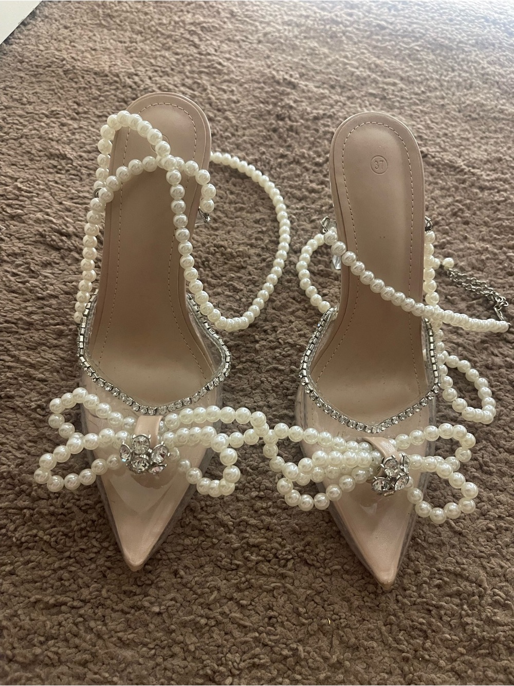 Pearl-Embellished Pointed Toe Heels - Ivory
